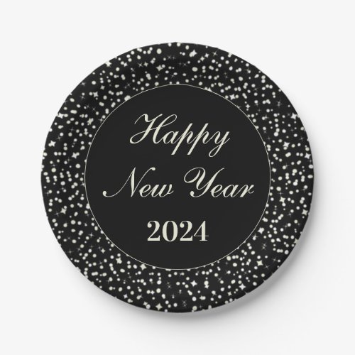 Happy New Year Party Sparkle Confetti Black Paper Plates