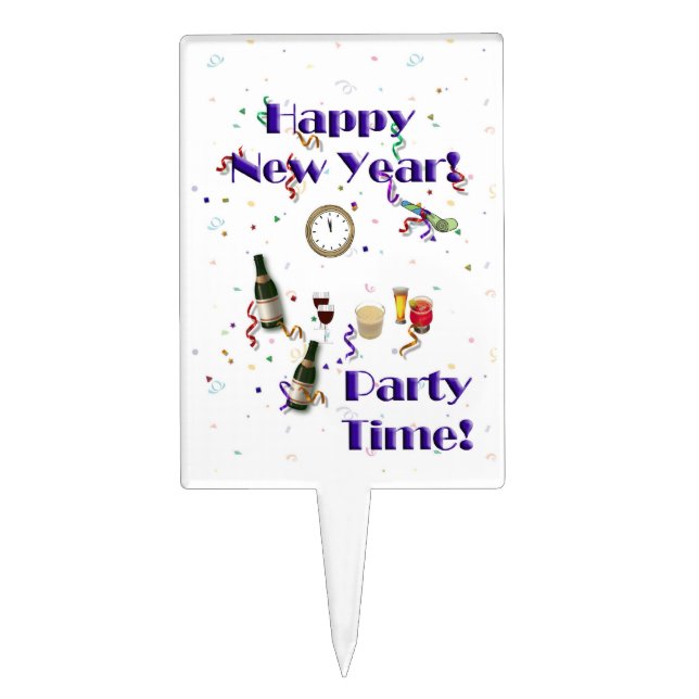 Happy New Year-Party Time/Champagne+Streamers Cake Topper (Front)