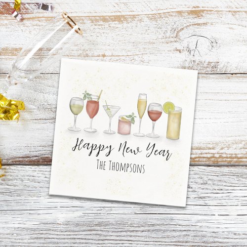 Happy New Year Party Watercolor Cocktail Drinks Napkins
