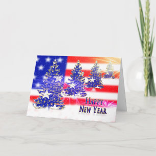 Happy New Year - PATRIOTIC -FLAG/TREES Holiday Card