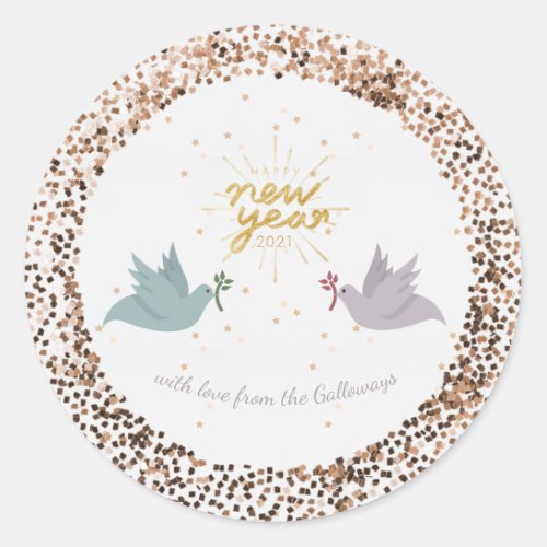 Happy New Year Peace Doves Glitter Monogram Classic Round Sticker