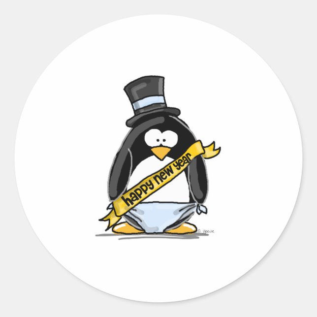 Happy New Year Penguin Classic Round Sticker (Front)