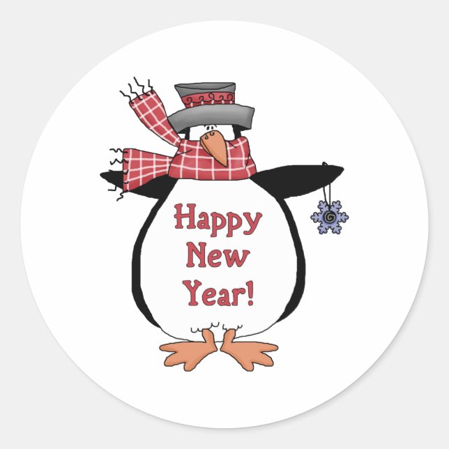 Happy New Year Penguin Classic Round Sticker (Front)