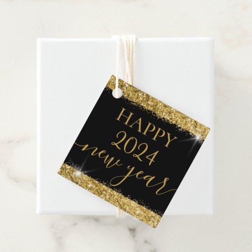 Happy New Year Personalized Black Gold Glitter Favor Tags