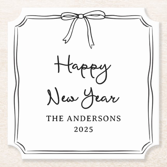 Happy New Year! Personalized Black & White Bow Paper Coaster (Front)