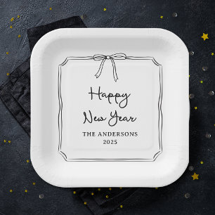 Happy New Year! Personalized Black & White Bow Paper Plates