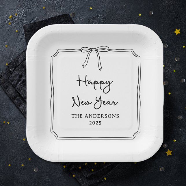 Happy New Year! Personalized Black & White Bow Paper Plates (Creator Uploaded)