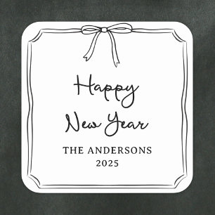 Happy New Year! Personalized Black & White Bow Square Sticker