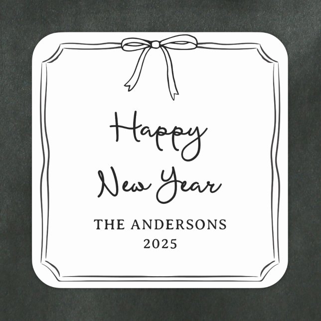 Happy New Year! Personalized Black & White Bow Square Sticker (Creator Uploaded)
