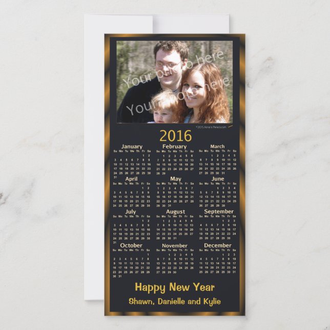 Happy New Year Photo 2016 Calendar Card Black (Front)