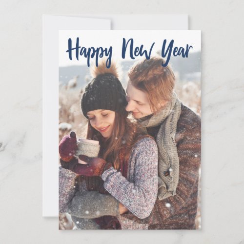 Happy New Year Photo Blue Script Overlay Modern Holiday Card