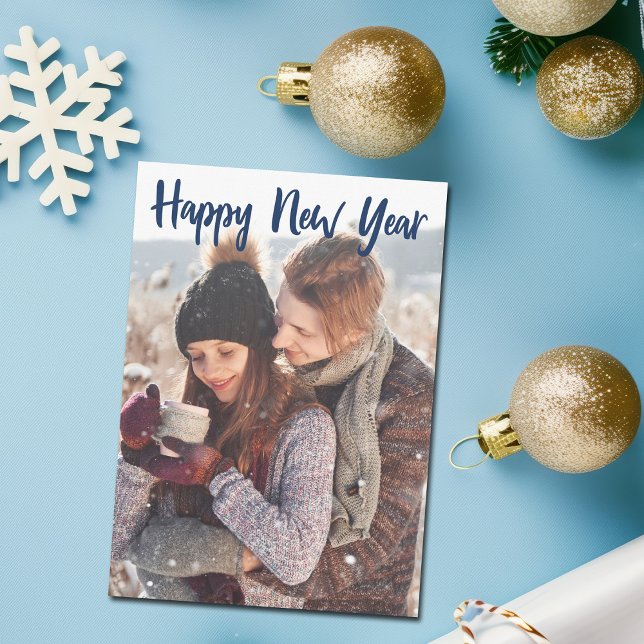 Happy New Year Photo Blue Script Overlay Modern Holiday Card (Creator Uploaded)