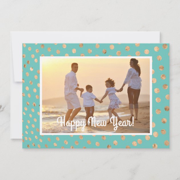 Happy New Year Photo Card Tropical Teal Gold Dots