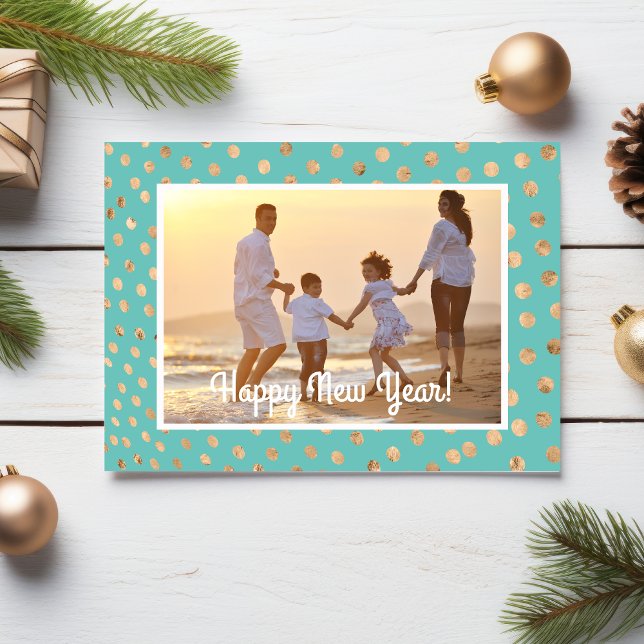 Happy New Year Photo Card Tropical Teal Gold Dots (Creator Uploaded)