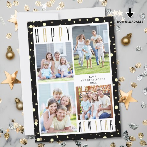 HAPPY NEW YEAR Photo Collage Black Gold Confetti Holiday Card