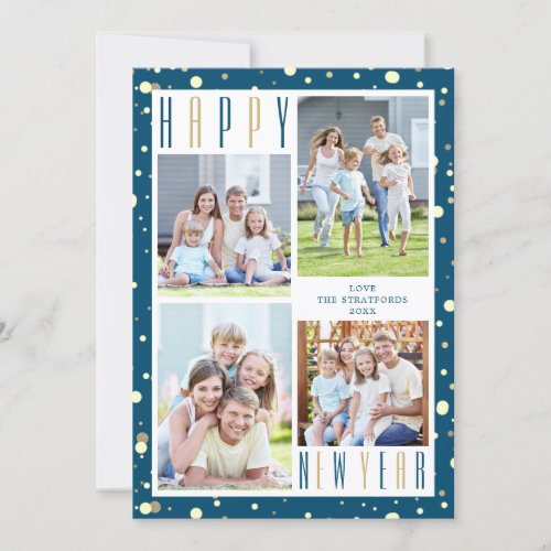 HAPPY NEW YEAR Photo Collage Blue Gold Confetti Holiday Card