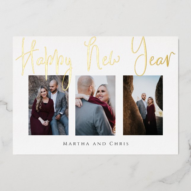 Happy New Year Photo Collage Elegant Rose Gold  Foil Holiday Card (Front)