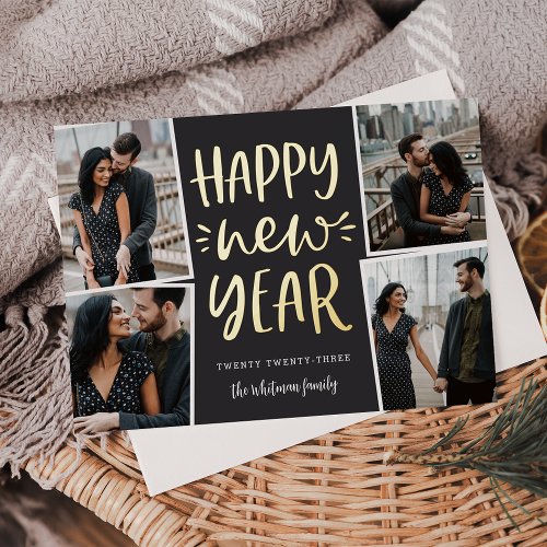 Happy New Year Photo Collage Foil Holiday Card