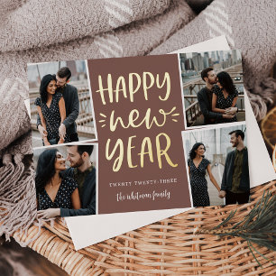 Happy New Year Photo Collage Foil Holiday Card