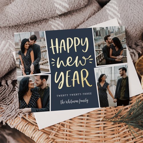 Happy New Year Photo Collage Foil Holiday Card