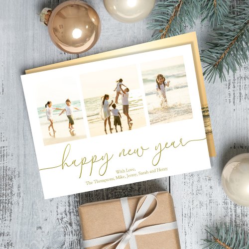 Happy New Year Photo Gold Calligraphy Holiday Card