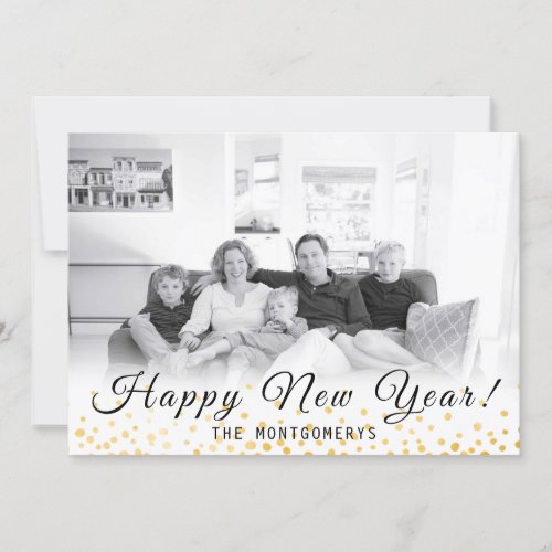 Happy New Year Photo Gold Confetti 2024 Holiday Card