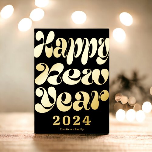 Happy New Year photo modern bold script black Foil Holiday Card