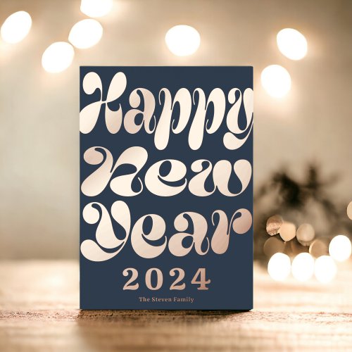 Happy New Year photo modern bold script blue Foil Holiday Card