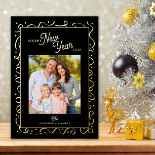 Happy New Year Photo Script Gold Foil Holiday Card