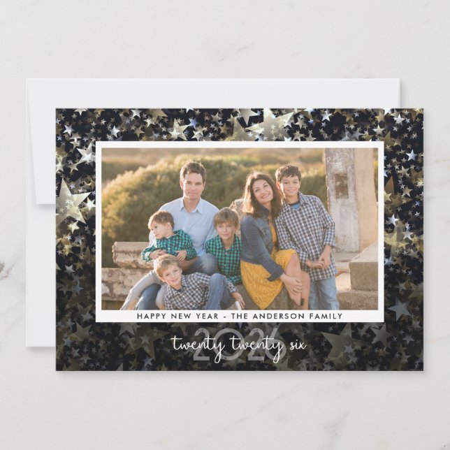 Happy New Year Photo Star Confetti Holiday Card (Front)