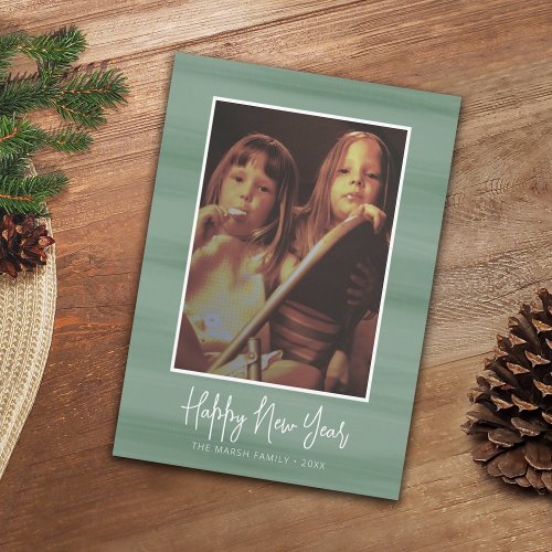 Happy New Year Photo with soft watercolor green Holiday Card