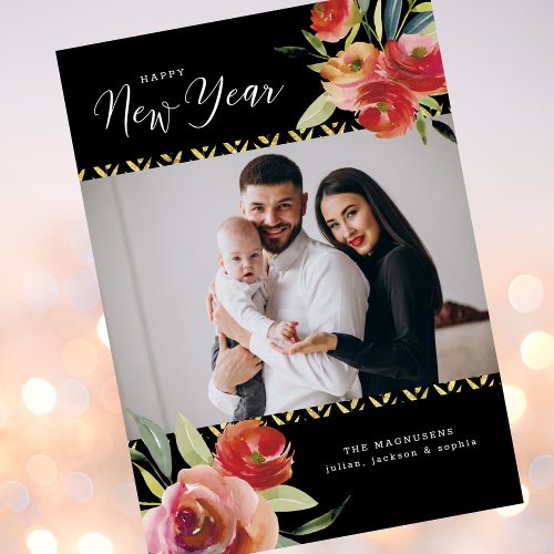 Happy New Year Photos Watercolor Floral Gold Black Holiday Card