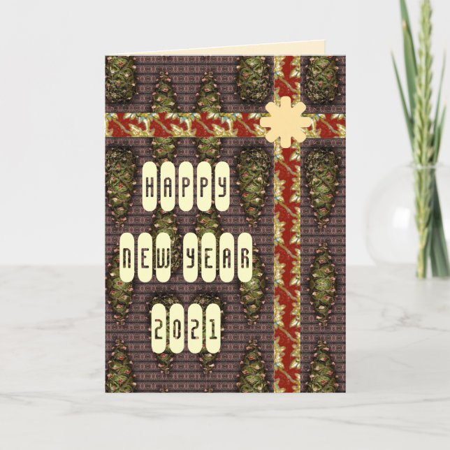 Happy New Year Pine Cone Greetings Holiday Card (Front)