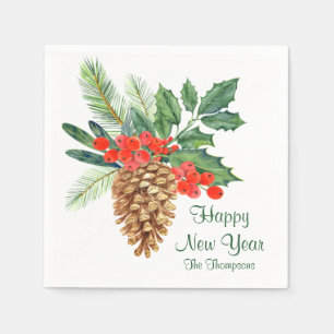 Happy New Year Pine Holly Watercolor Floral Name Napkins