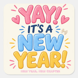 Happy New Year Pink Blue and Yellow Typography Square Sticker