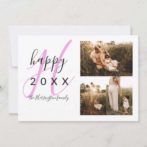 Happy New year pink monogram 3 grid photo Holiday Card