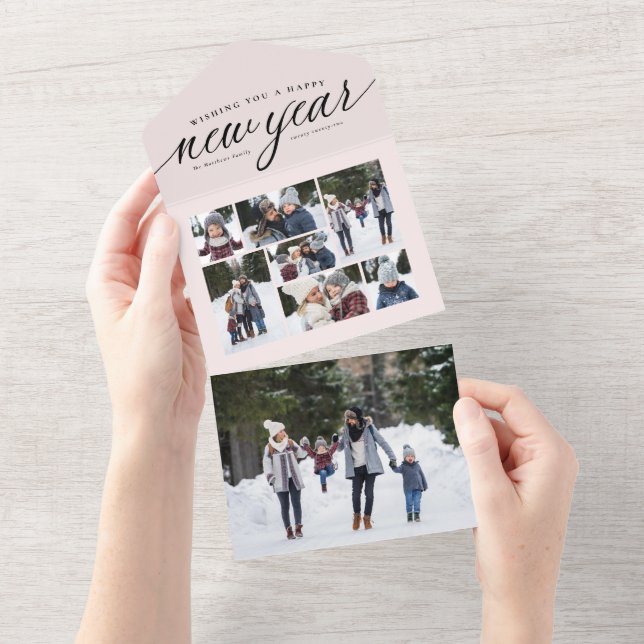 Happy New Year pink photo collage trifold holiday All In One Invitation (Tearaway)