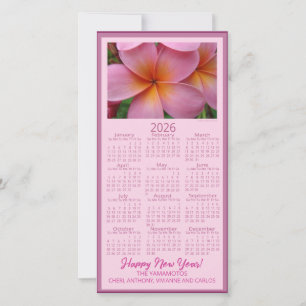 Happy New Year Pink Plumeria Flower 2026 Calendar  Holiday Card