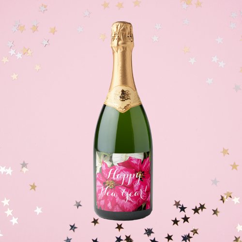 Happy New Year Pink Poinsettias Floral Sparkling Wine Label