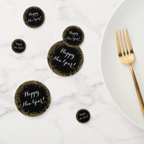 Happy New Year plate with gold and black Confetti