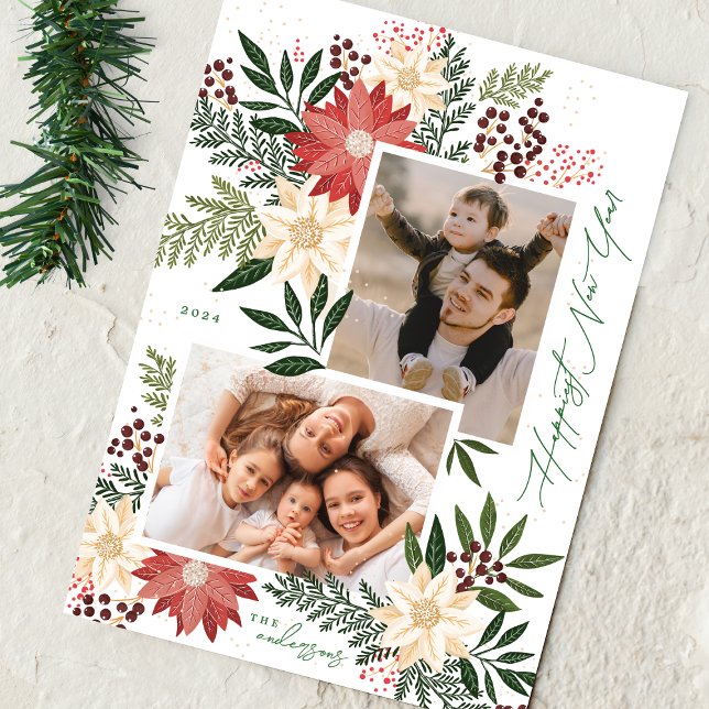 Happy New Year Poinsettia Collage Photo Holiday Card (Creator Uploaded)