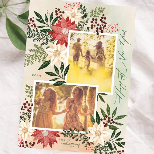Happy New Year Poinsettia Splendor Holiday Card