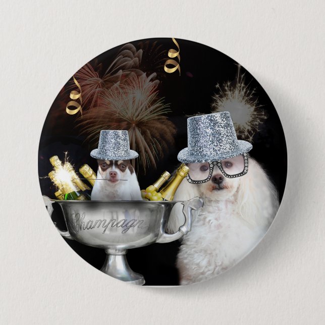 Happy New Year poodle and chihuahua button (Front)