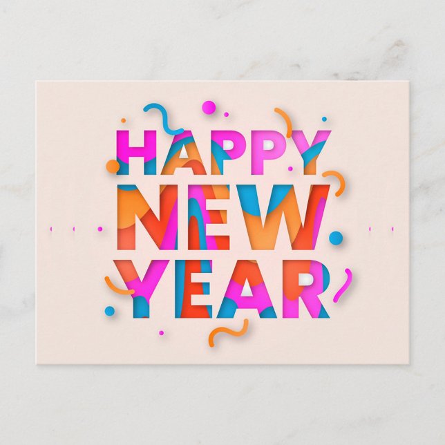 Happy New Year Postcard (A digital art piece features the words "HAPPY NEW YEAR" cut out from a light peach background.)
