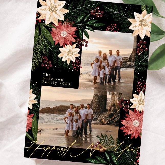 Happy New Year Premium Onyx Poinsettia Photo Foil Holiday Card (Creator Uploaded)