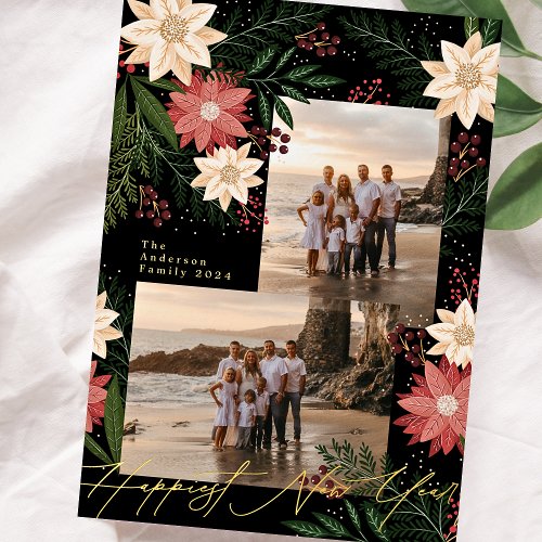 Happy New Year Premium Onyx Poinsettia Splendor Foil Holiday Card