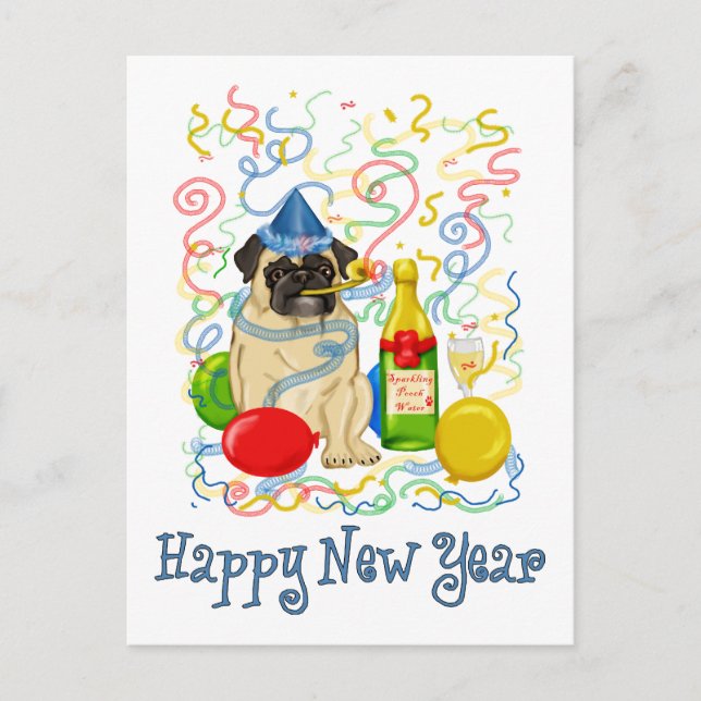 Happy New Year Pug Holiday Postcard (Front)