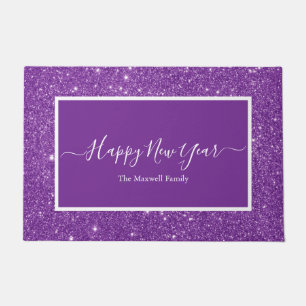 Happy New Year purple glitter script family name Doormat
