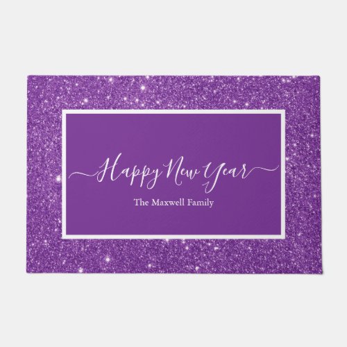 Happy New Year purple glitter script family name  Doormat
