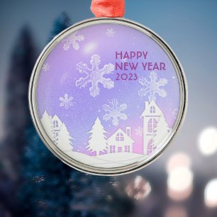 Happy New Year Purple White Snow House Metal Ornam Ornament